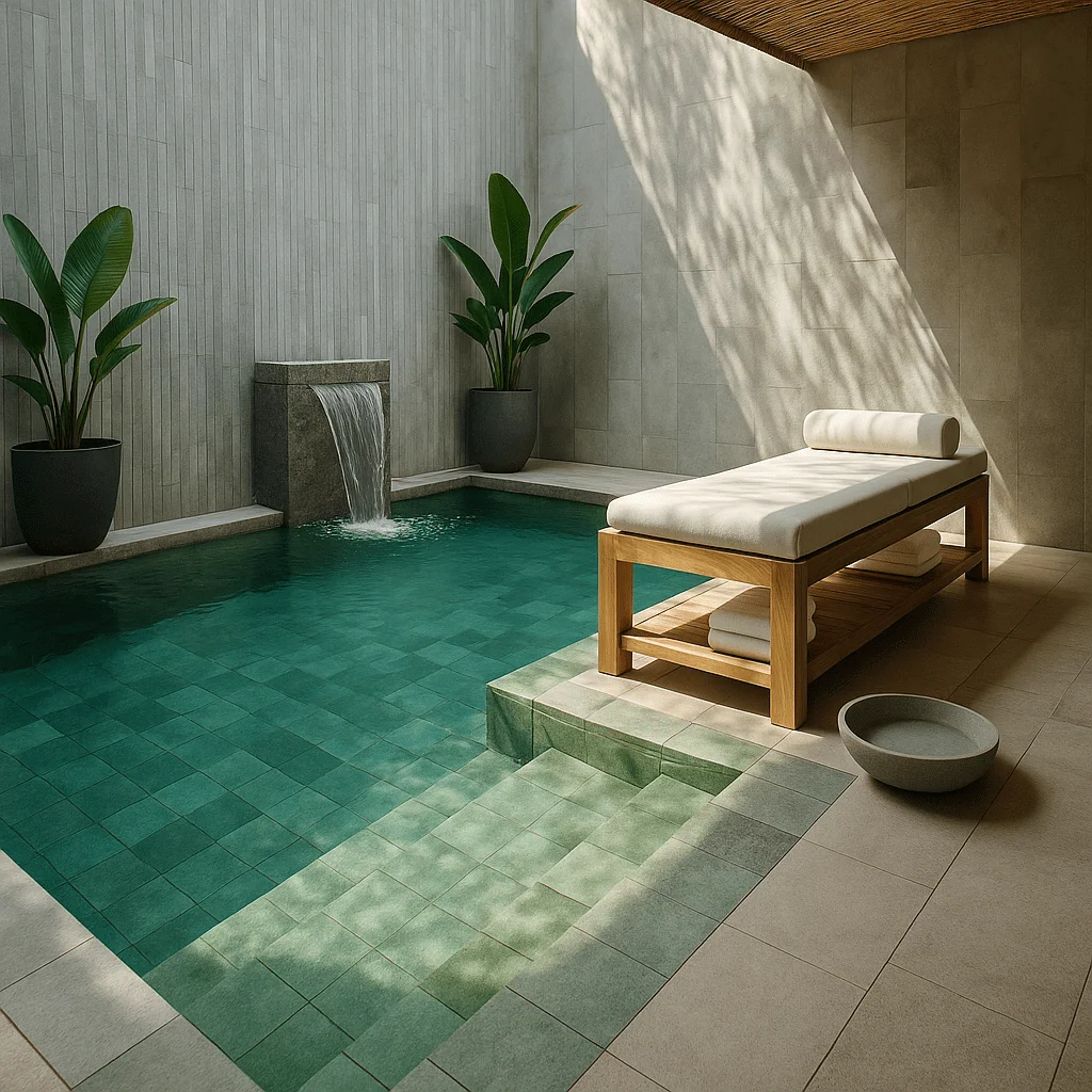 Green Sukabumi tiles for swimming pools in a luxury villa