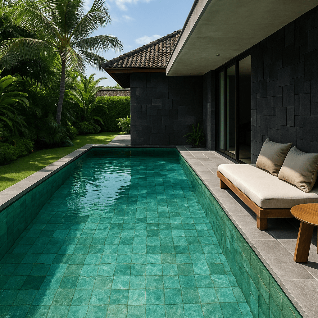 Green Sukabumi stone tiles in a luxury villa swimming pool with tropical landscaping