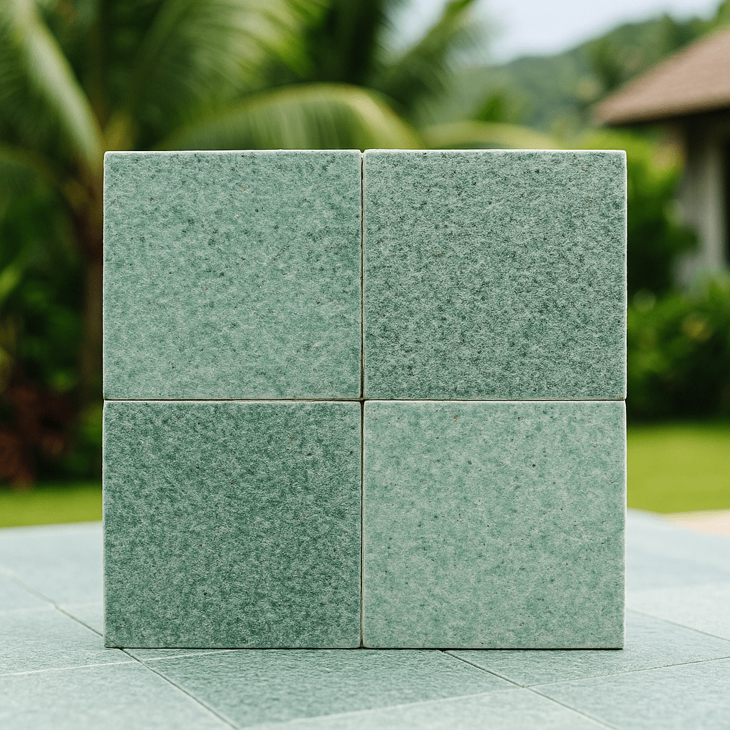 Close-up of Green Sukabumi stone tiles with natural texture and tropical background