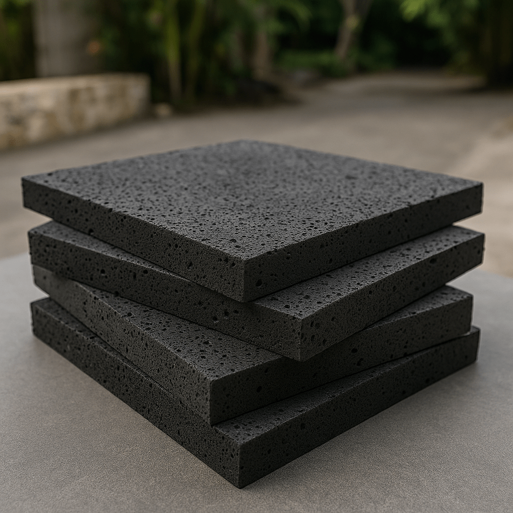 Stack of black lava stone tiles with porous volcanic texture for exterior and temple construction