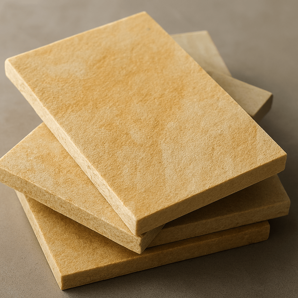 Close-up of rectangular beige Palimanan stone tiles stacked on neutral background