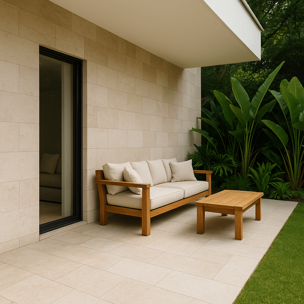 Outdoor patio with beige Paras Stone tiles on wall and floor, Indonesia natural stone export