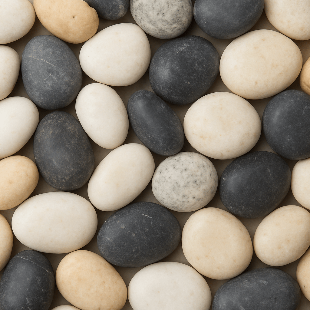 Pebble Stone natural mosaic tile on mesh – premium Indonesian natural pebbles for pools, spas, and landscaping.