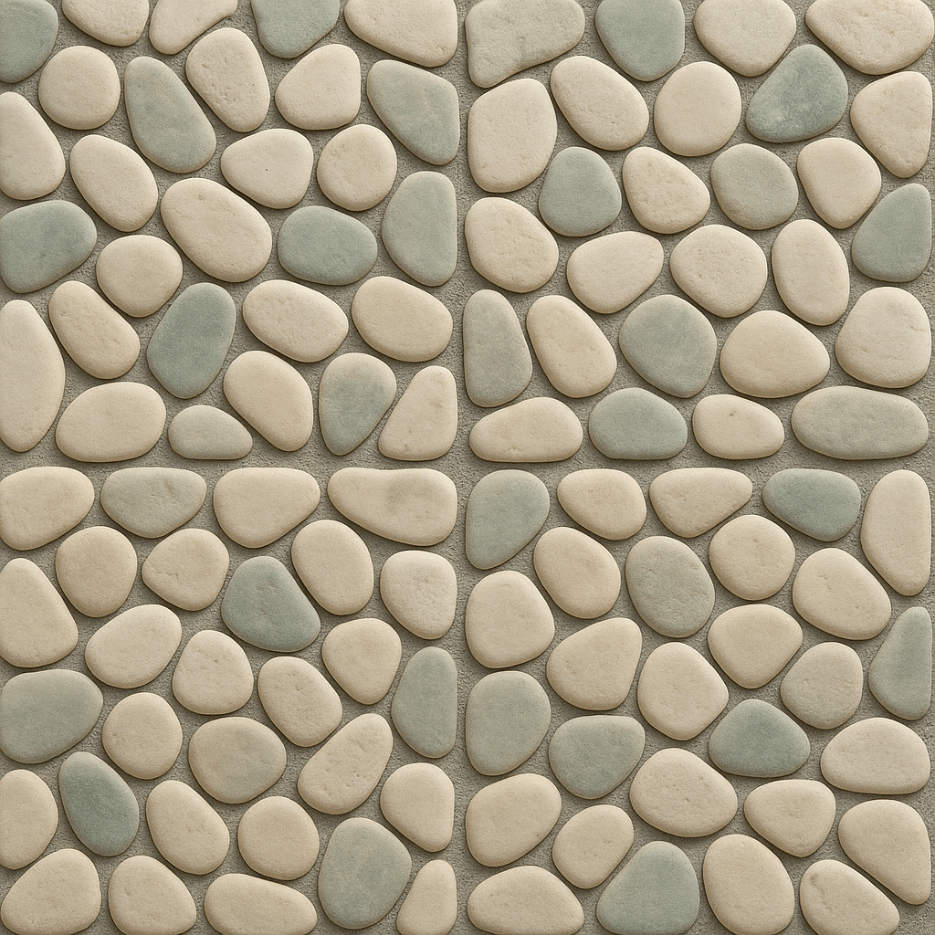 Pebble Stone sliced mosaic tile on mesh – premium Indonesian pebbles for pools, bathrooms, and decorative walls.