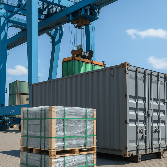Natural Stone Export Packaging at Indonesian Port – MHK Stone Palletized natural stone ready for export container loading at port terminal