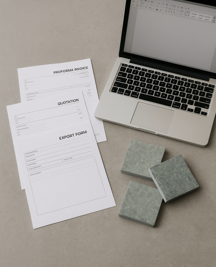 Export Quotation and Sukabumi Stone Samples – MHK Stone Quotation and export documents with Sukabumi Green Stone tile samples and a laptop