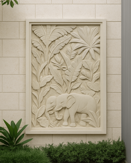 paras-stone-wall-panel-elephant-carving-indonesia Paras Stone wall panel with tropical elephant carving – premium Indonesian limestone for exterior decoration.
