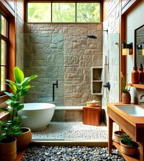 pebble-stone-natural-mosaic-bathroom-floor-design Luxury bathroom with natural pebble stone mosaic flooring and stone wall, featuring freestanding bathtub and wooden accents